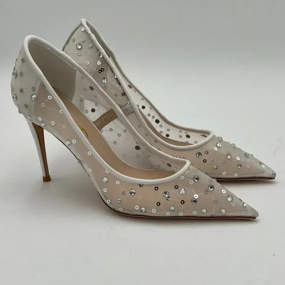 XYD White Rhinestones Studded Stiletto High Heels Mesh Pumps Wedding Shoes - Picture 2 of 5